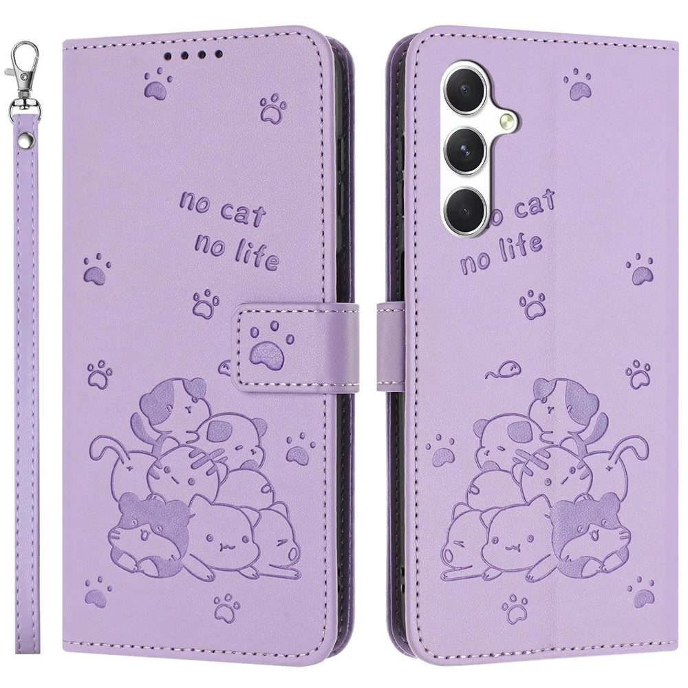 For Samsung Galaxy S26 FE Wallet Case Cats Imprint Leather Phone Cover with Strap - Purple - 1