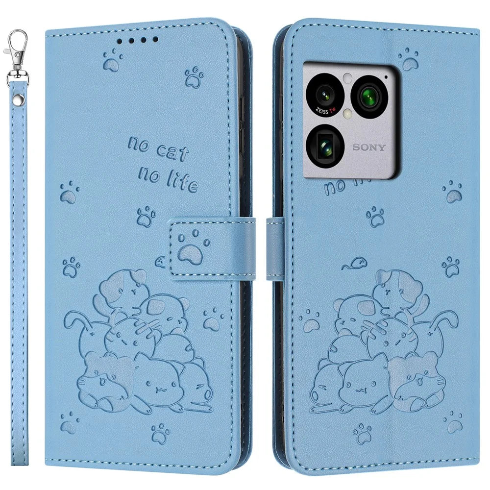For Sony Xperia 1 VIII Wallet Case Cats Imprint Leather Phone Cover with Strap - Blue - 1