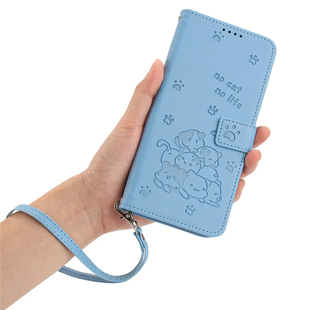 For Sony Xperia 1 VIII Wallet Case Cats Imprint Leather Phone Cover with Strap - Blue - 4
