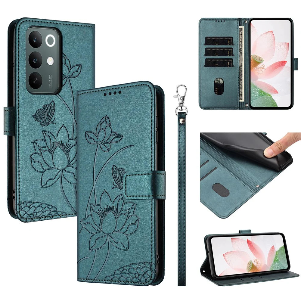 For Realme C100 4G  /  C100x 4G  /  C100i 4G Case Wallet Stand Lotus Imprint Leather Phone Cover with Wrist Strap - Dark Green - 1