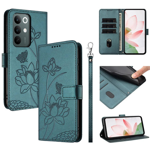 For Realme C100 4G  /  C100x 4G  /  C100i 4G Case Wallet Stand Lotus Imprint Leather Phone Cover with Wrist Strap - Dark Green - 1