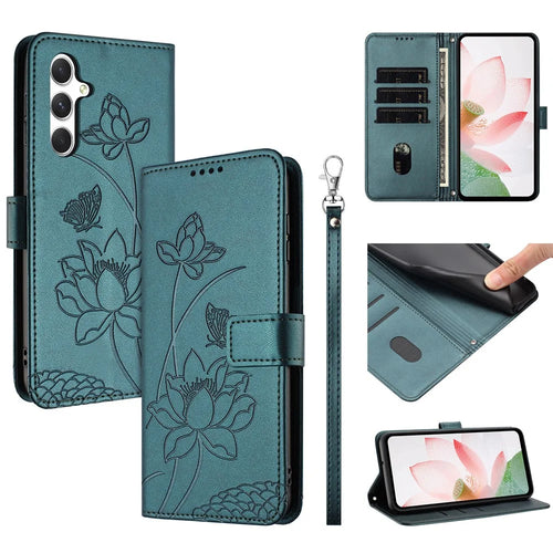 For Samsung Galaxy S26 FE Case Wallet Stand Lotus Imprint Leather Phone Cover with Wrist Strap - Dark Green - 1