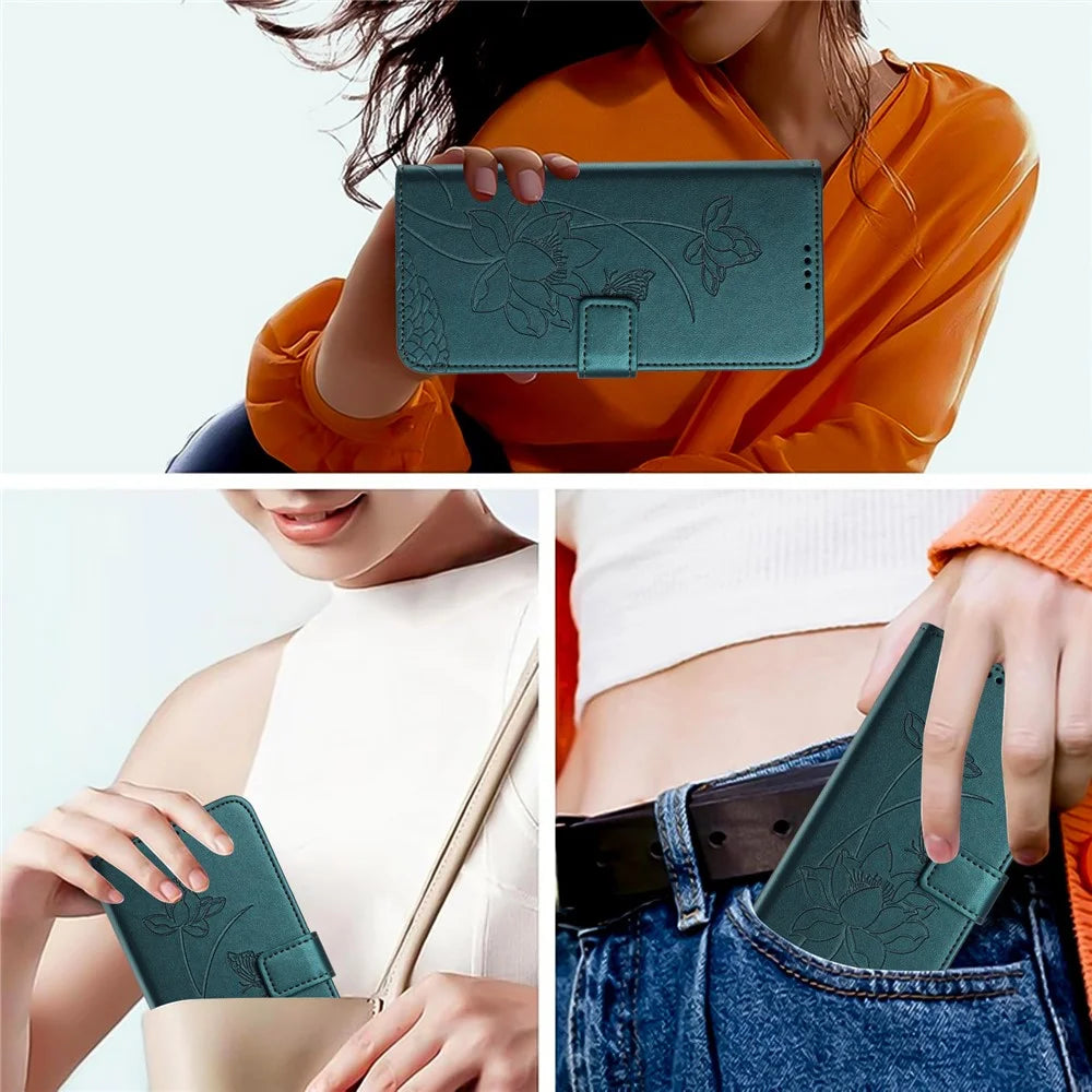 For Samsung Galaxy S26 FE Case Wallet Stand Lotus Imprint Leather Phone Cover with Wrist Strap - Dark Green - 7