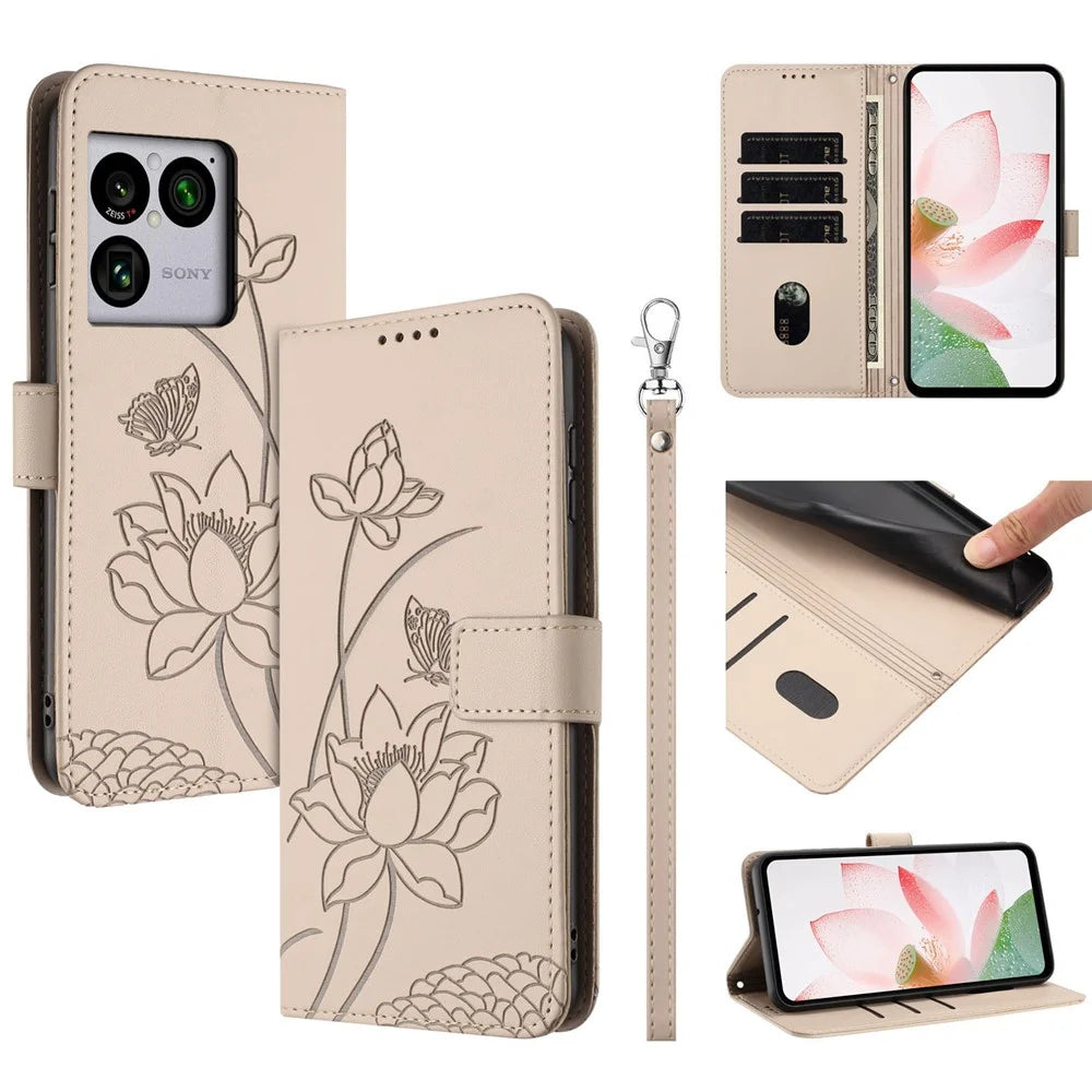 For Sony Xperia 1 VIII Case Wallet Stand Lotus Imprint Leather Phone Cover with Wrist Strap - Beige - 1