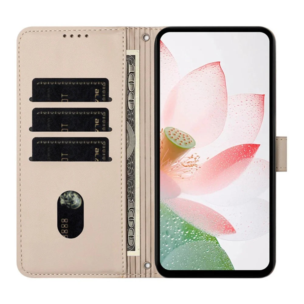 For Sony Xperia 1 VIII Case Wallet Stand Lotus Imprint Leather Phone Cover with Wrist Strap - Beige - 2