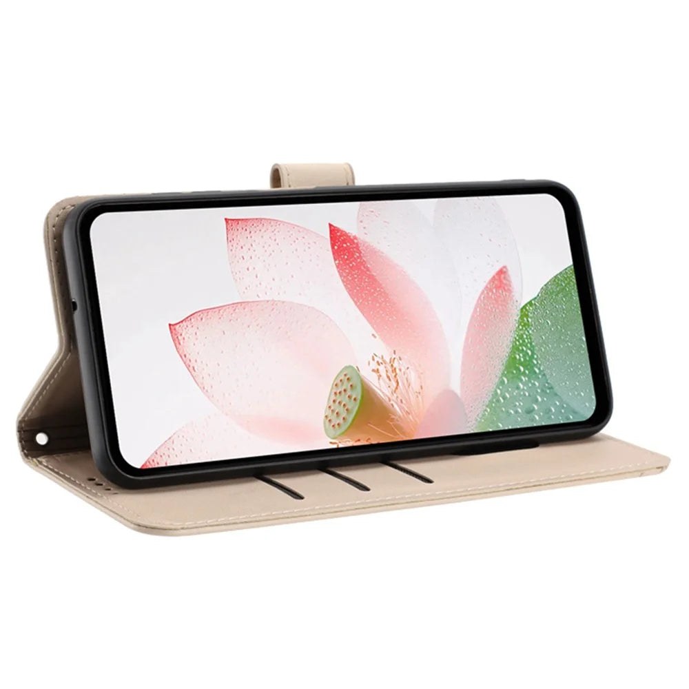 For Sony Xperia 1 VIII Case Wallet Stand Lotus Imprint Leather Phone Cover with Wrist Strap - Beige - 3