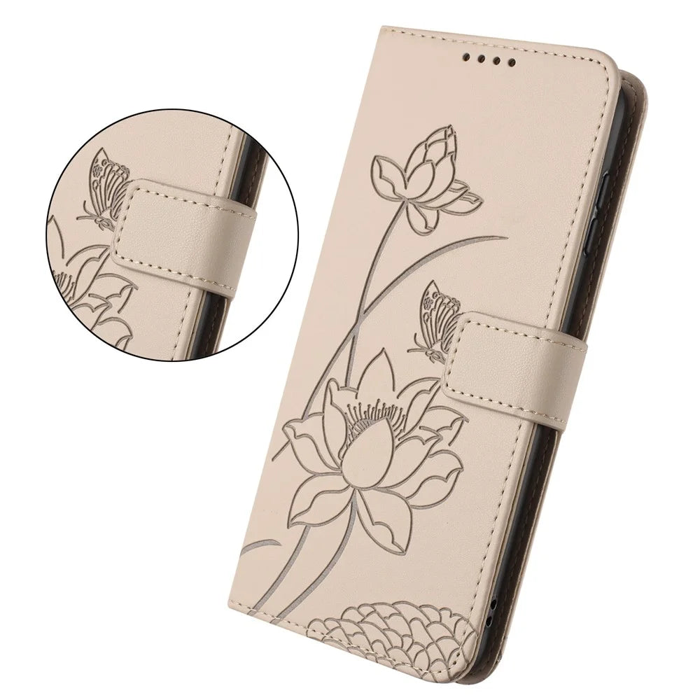 For Sony Xperia 1 VIII Case Wallet Stand Lotus Imprint Leather Phone Cover with Wrist Strap - Beige - 5
