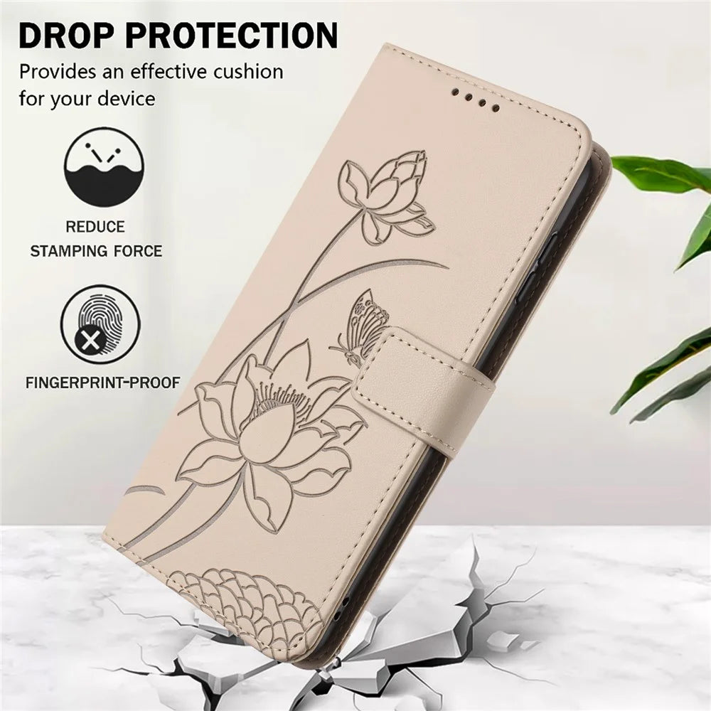For Sony Xperia 1 VIII Case Wallet Stand Lotus Imprint Leather Phone Cover with Wrist Strap - Beige - 6