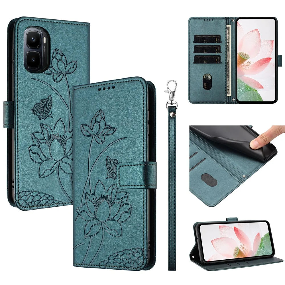 For Infinix GT 50 Pro 5G Case Wallet Stand Lotus Imprint Leather Phone Cover with Wrist Strap - Dark Green - 1