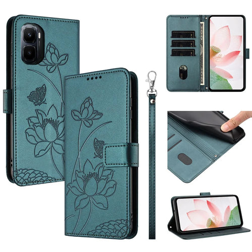 For Infinix GT 50 Pro 5G Case Wallet Stand Lotus Imprint Leather Phone Cover with Wrist Strap - Dark Green - 1