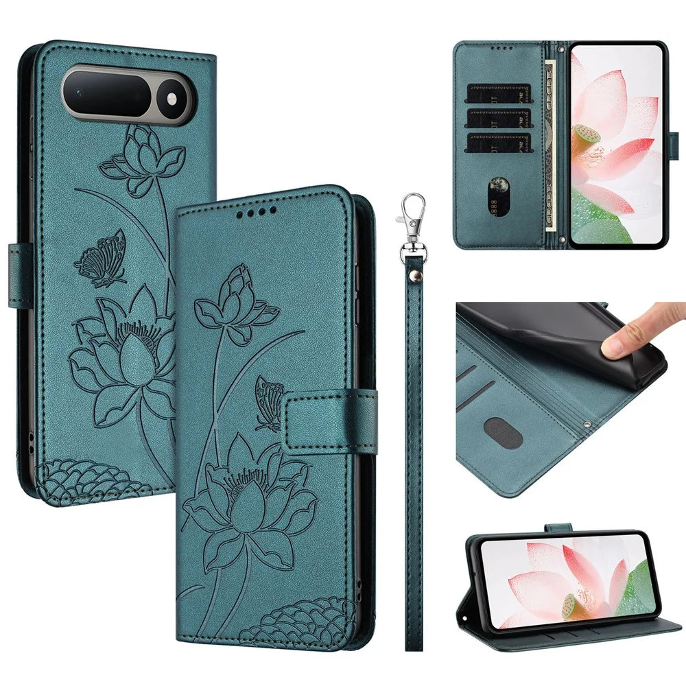 For TECNO Spark 50 5G Case Wallet Stand Lotus Imprint Leather Phone Cover with Wrist Strap - Dark Green - 1