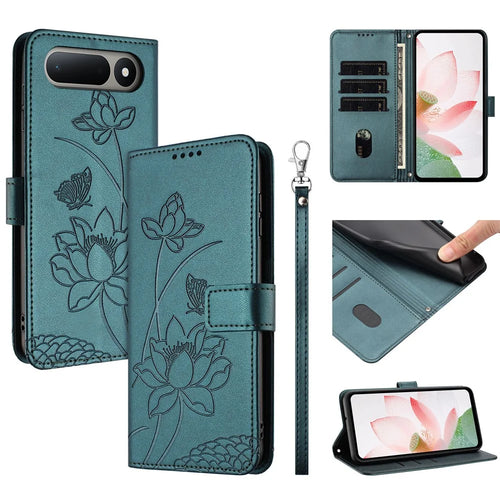 For TECNO Spark 50 5G Case Wallet Stand Lotus Imprint Leather Phone Cover with Wrist Strap - Dark Green - 1
