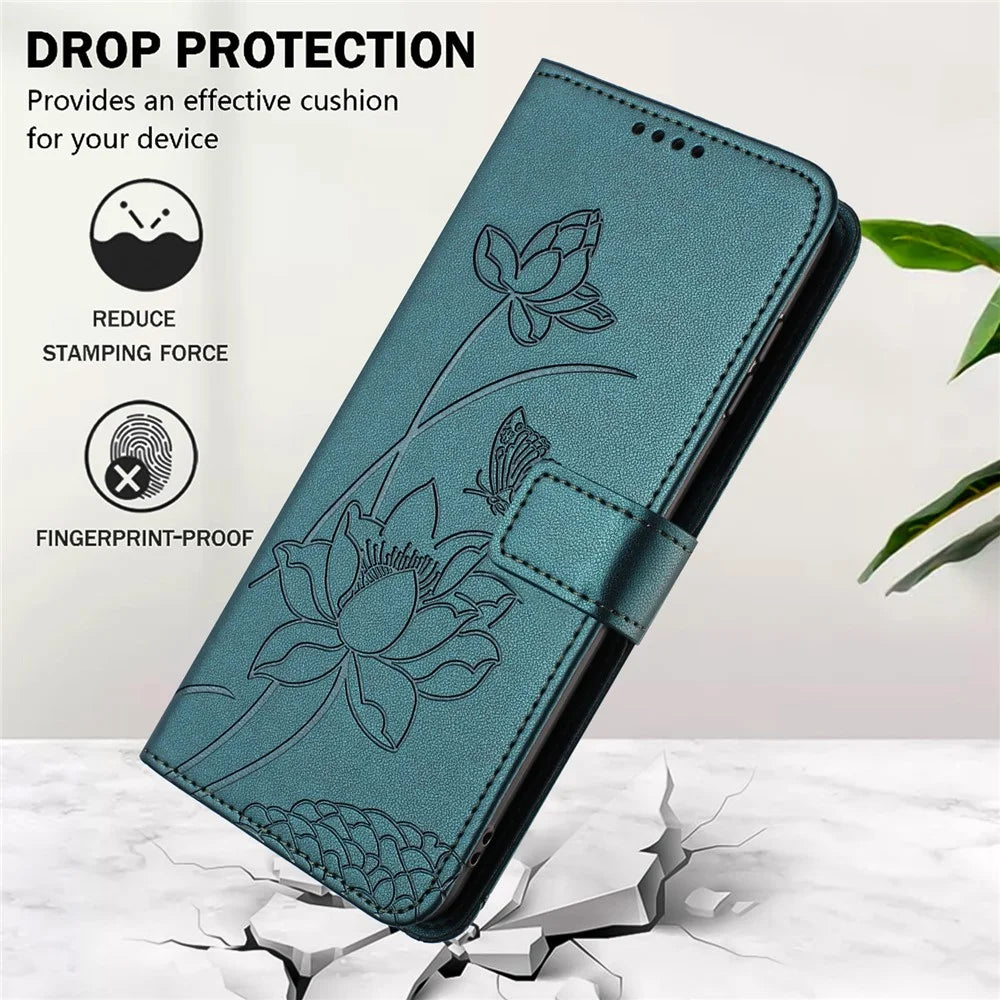 For TECNO Spark 50 5G Case Wallet Stand Lotus Imprint Leather Phone Cover with Wrist Strap - Dark Green - 6
