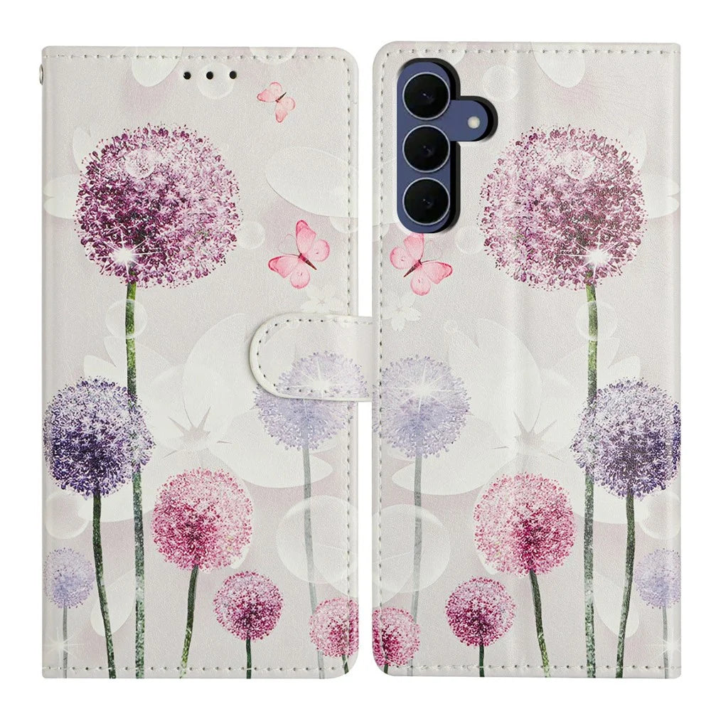 For Samsung Galaxy S26 FE Case Pattern Printing Wallet Stand Flip Leather Phone Cover with Strap - Dandelion - 1