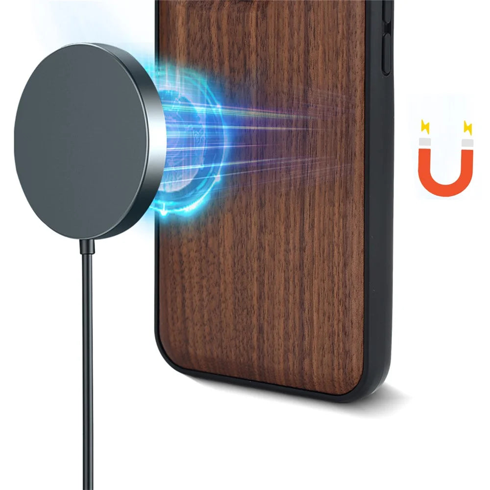 For iPhone 16 Plus Magnetic Case Wood + PC + TPU Shockproof Protective Phone Cover - Walnut Wood - 2