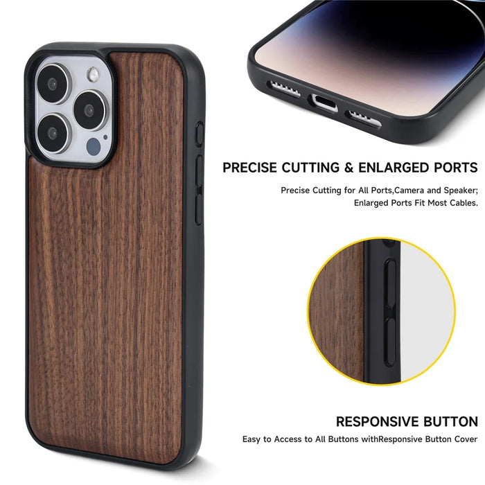 For iPhone 15 Pro Max Magnetic Case Wood + PC + TPU Shockproof Protective Phone Cover - Walnut Wood - 4