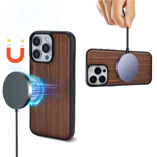 For iPhone 15 Pro Magnetic Case Wood + PC + TPU Shockproof Protective Phone Cover - Walnut Wood - 2