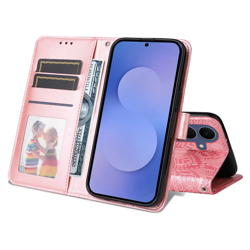 For Samsung Galaxy S26 FE Case Sunflower Imprint Leather Wallet Phone Cover - Pink - 2