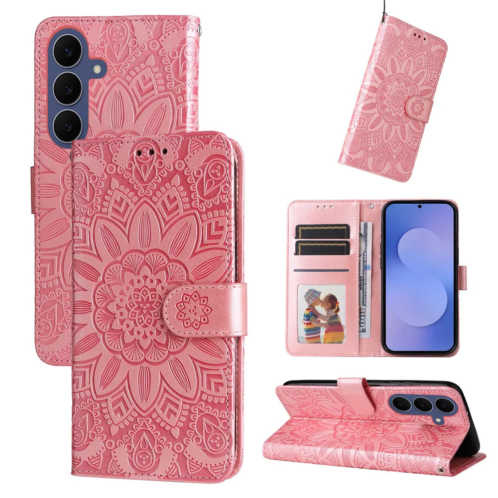 For Samsung Galaxy S26 FE Case Sunflower Imprint Leather Wallet Phone Cover - Pink - 3