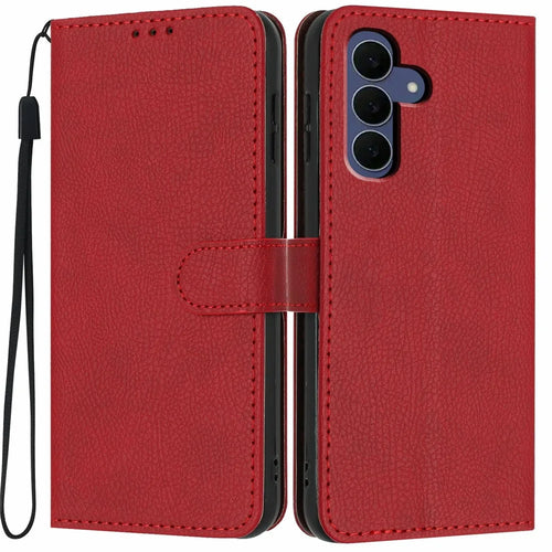 For Samsung Galaxy S26 FE Wallet Case Litchi Texture Leather Flip Cover with Card Slots and Hand Strap - Red - 1