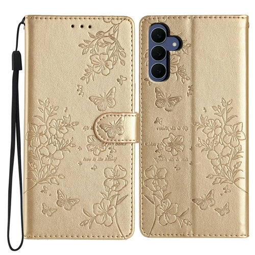 For Samsung Galaxy S26 FE Wallet Phone Case Butterfly Floral Imprint Leather Flip Cover with Strap - Gold - 1