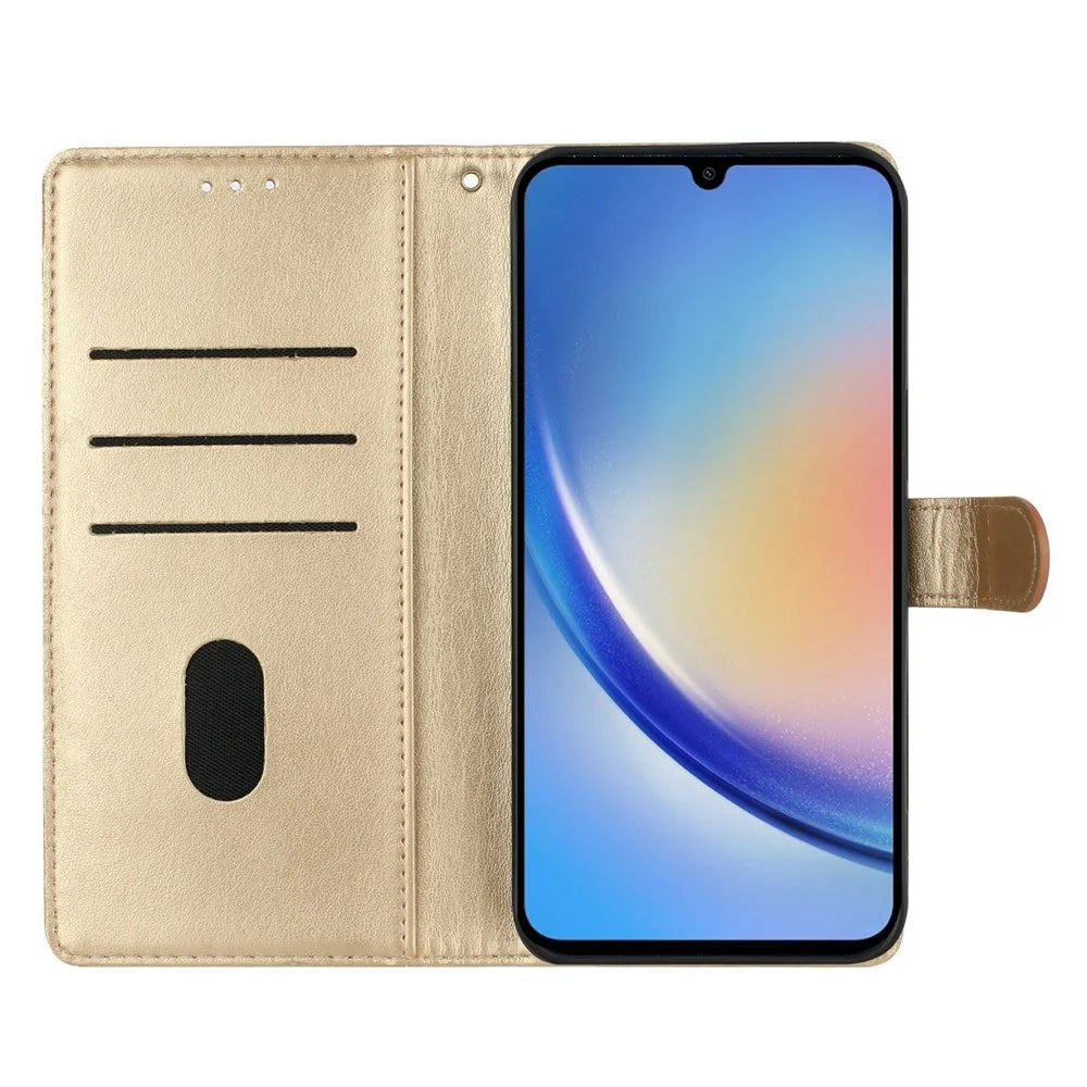 For Samsung Galaxy S26 FE Wallet Phone Case Butterfly Floral Imprint Leather Flip Cover with Strap - Gold - 2