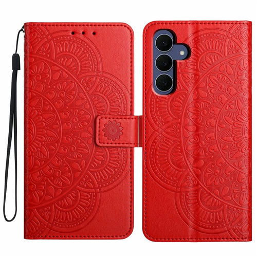 For Samsung Galaxy S26 FE Leather Case Stand Card Slots Mandala Pattern Phone Cover with Wrist Strap - Red - 1