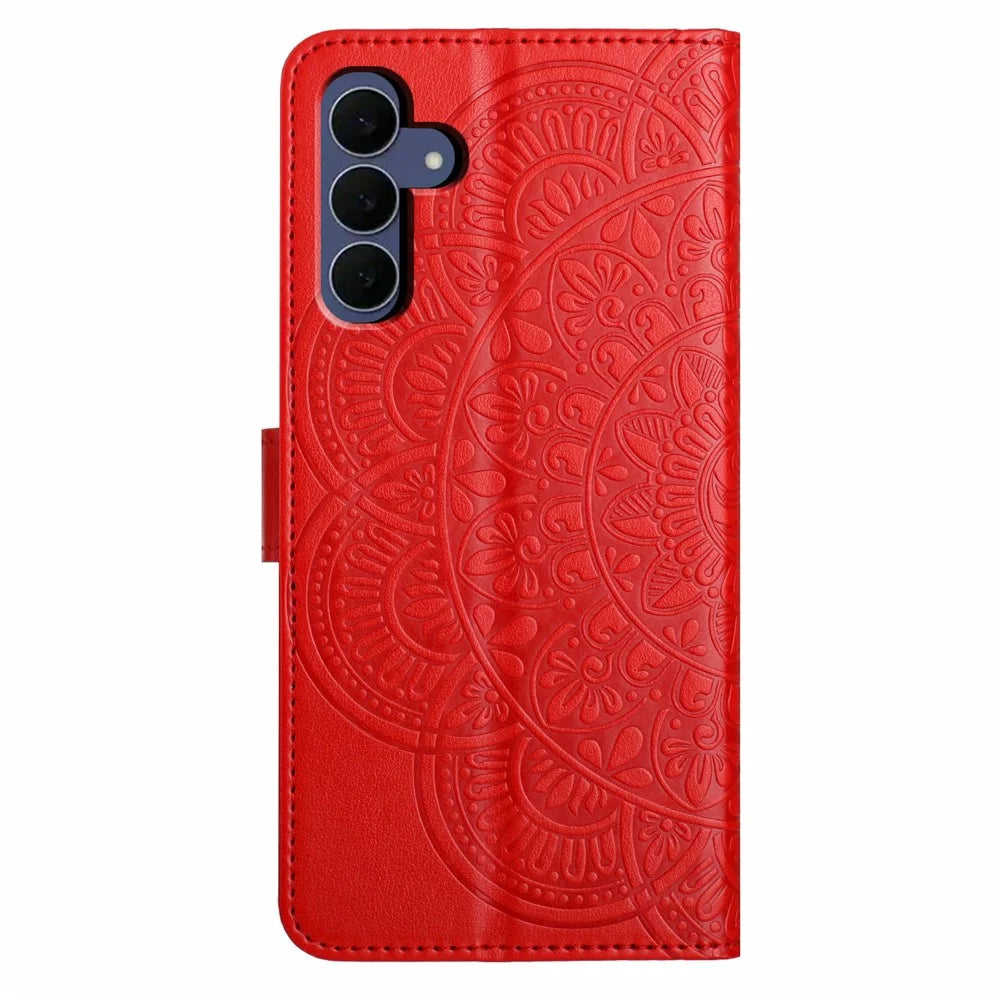 For Samsung Galaxy S26 FE Leather Case Stand Card Slots Mandala Pattern Phone Cover with Wrist Strap - Red - 7