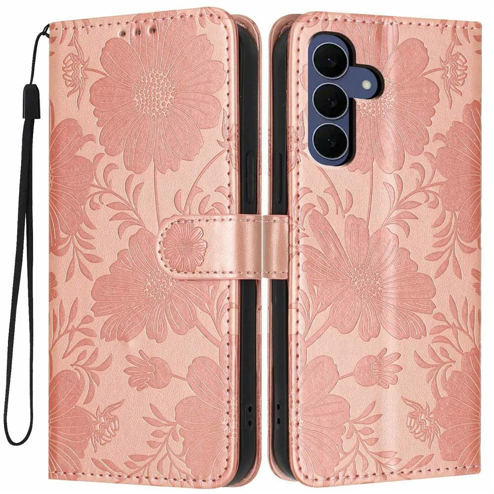 For Samsung Galaxy S26 FE Wallet Case Imprint Floral PU Leather Stand Flip Phone Cover with Wrist Strap - Rose Gold - 1