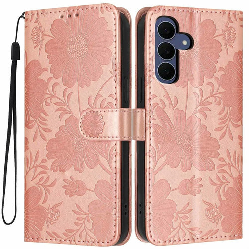 For Samsung Galaxy S26 FE Wallet Case Imprint Floral PU Leather Stand Flip Phone Cover with Wrist Strap - Rose Gold - 1