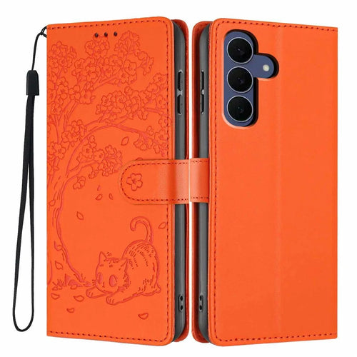 For Samsung Galaxy S26 FE Stand Case Tree-and-Cat Pattern PU Leather Wallet Protective Phone Cover with Wrist Strap - Orange - 1