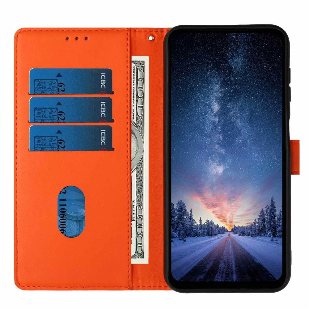 For Samsung Galaxy S26 FE Stand Case Tree-and-Cat Pattern PU Leather Wallet Protective Phone Cover with Wrist Strap - Orange - 2