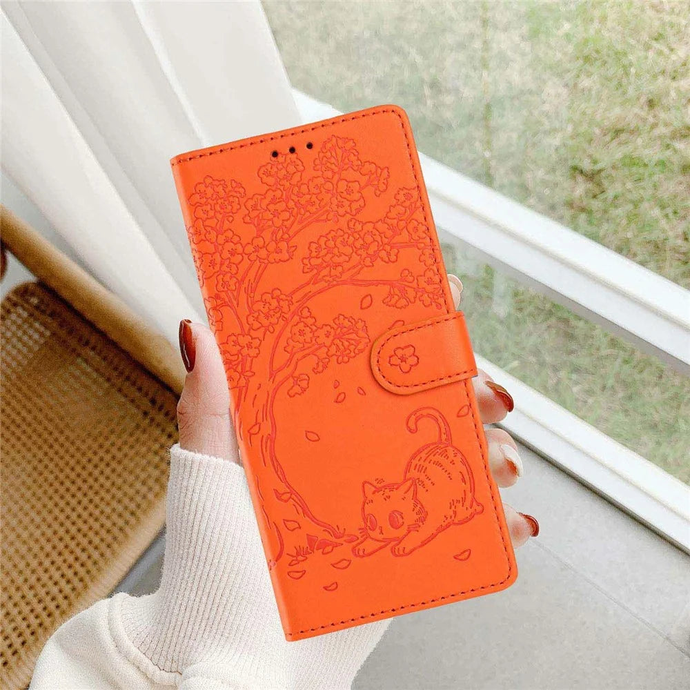 For Samsung Galaxy S26 FE Stand Case Tree-and-Cat Pattern PU Leather Wallet Protective Phone Cover with Wrist Strap - Orange - 7