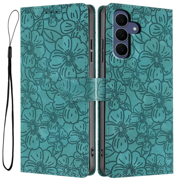 For Samsung Galaxy S26 FE Flip Case Cherry Blossom Pattern Leather Wallet Stand Phone Cover with Wrist Strap - Green - 1