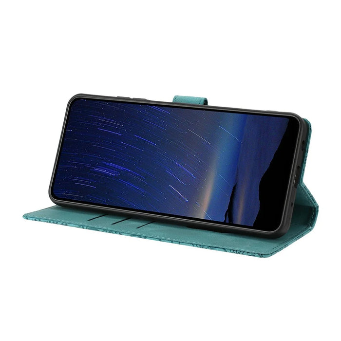 For Samsung Galaxy S26 FE Flip Case Cherry Blossom Pattern Leather Wallet Stand Phone Cover with Wrist Strap - Green - 3