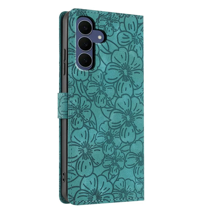 For Samsung Galaxy S26 FE Flip Case Cherry Blossom Pattern Leather Wallet Stand Phone Cover with Wrist Strap - Green - 5