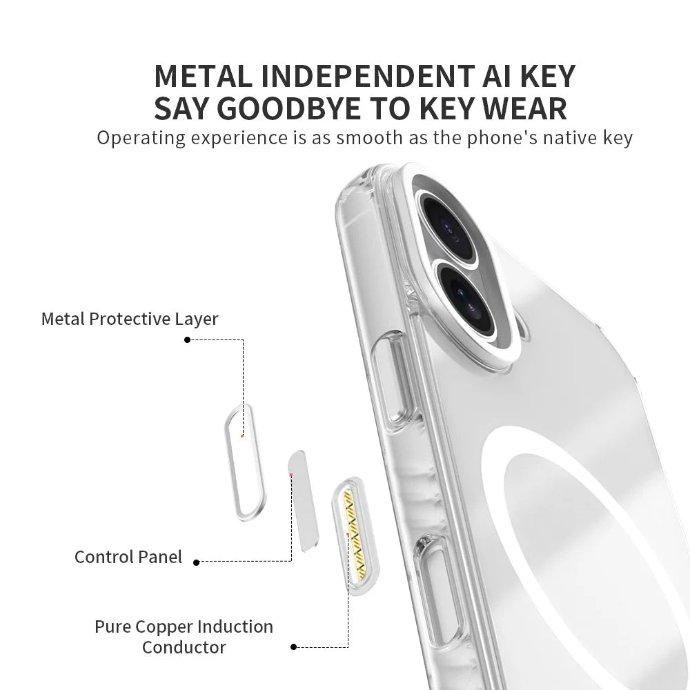 ZGA For iPhone 17 Magnetic Case Clear PC TPU Four-Corner Drop Protection Phone Cover with AI Touch Control Button - White - 5