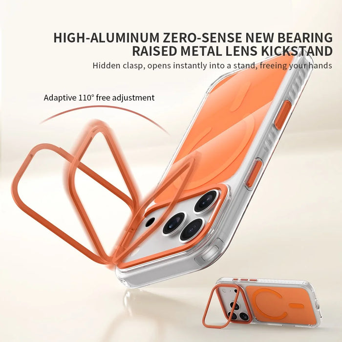 ZGA for iPhone 17 Pro Max Magnetic Case Lens Frame Kickstand Transparent PC TPU Phone Cover - Orange - 4