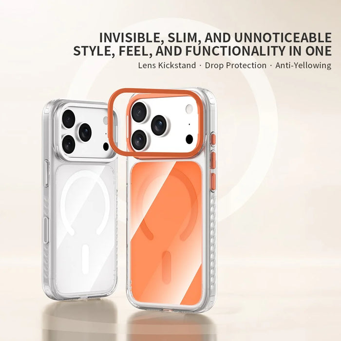 ZGA for iPhone 17 Pro Max Magnetic Case Lens Frame Kickstand Transparent PC TPU Phone Cover - Orange - 5