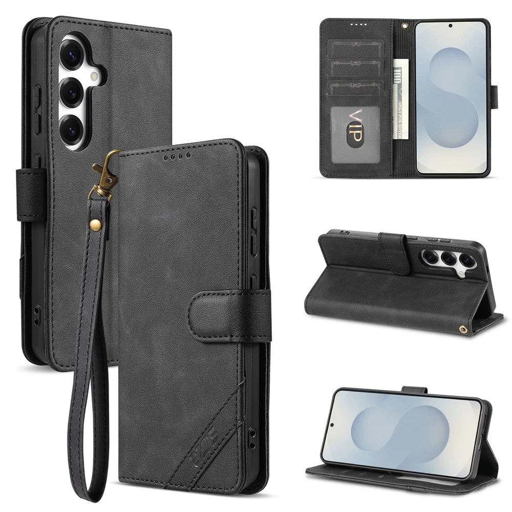 AZNS A2 for Samsung Galaxy S26 FE Leather Case with Wrist Strap RFID Blocking Wallet Stand Phone Cover - Black - 4