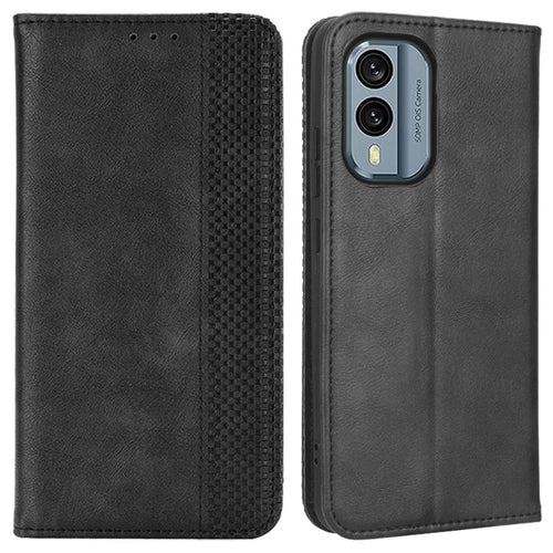 Magnetic Auto Closing Phone Case For Nokia X30 5G, Imprinted Pattern PU Leather Retro Texture Wallet Stand Smartphone Cover - Black - 1