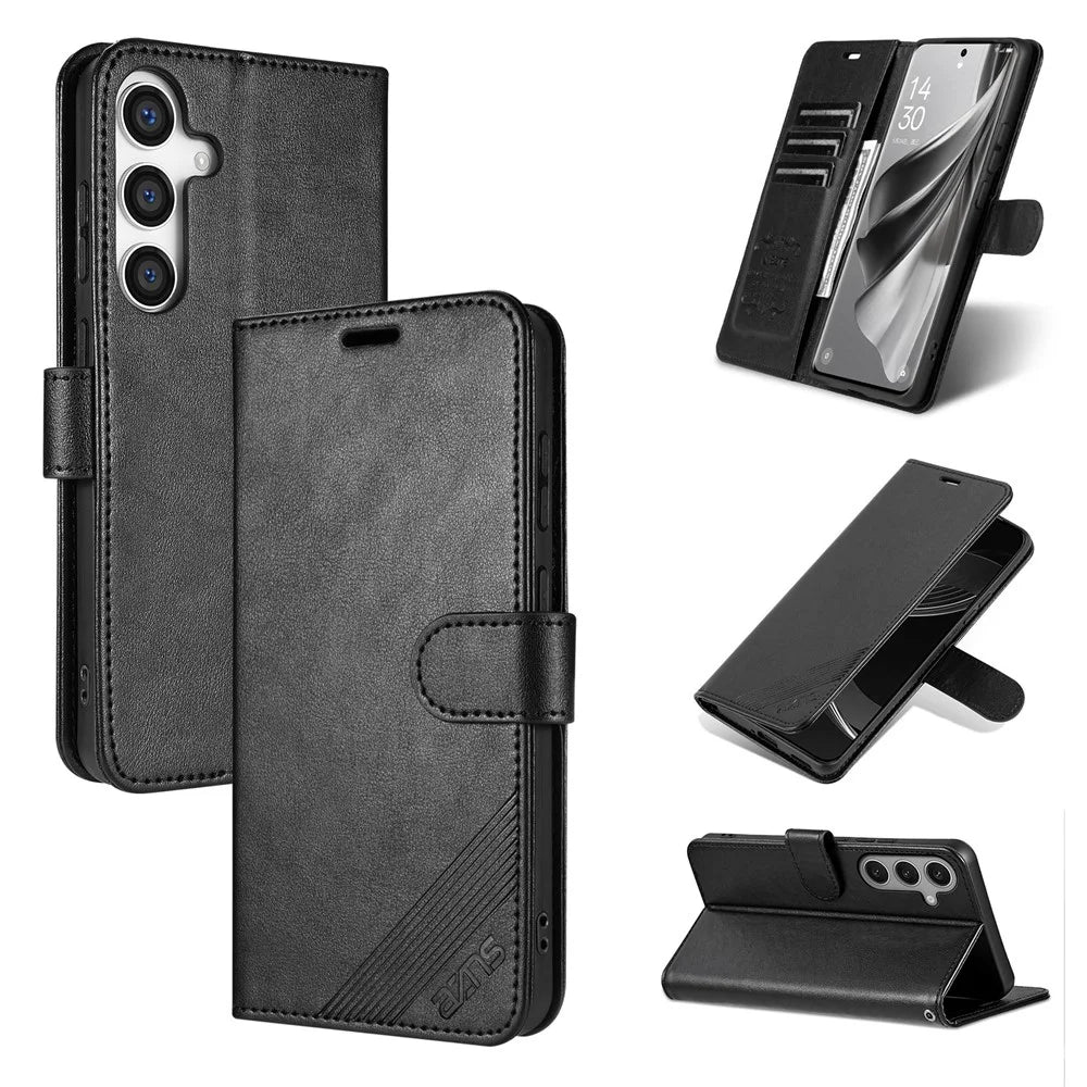 AZNS For Samsung Galaxy S26 FE Case Anti-Scratch PU Leather Stand Wallet Phone Cover - Black - 5
