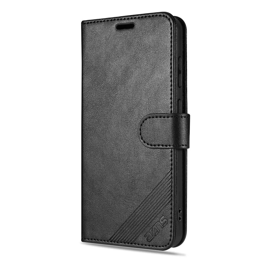 AZNS For Samsung Galaxy S26 FE Case Anti-Scratch PU Leather Stand Wallet Phone Cover - Black - 6