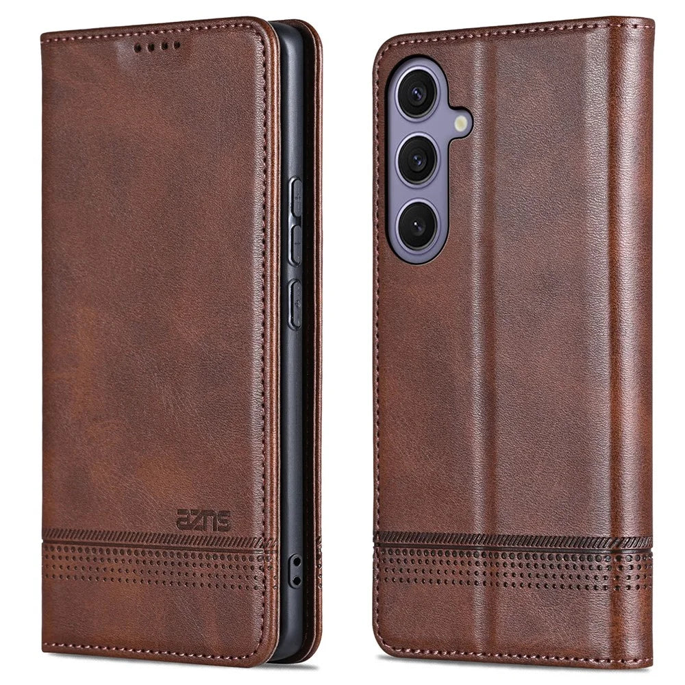 AZNS For Samsung Galaxy S26 FE Case Cowhide Texture PU Leather Wallet Phone Cover - Coffee - 1