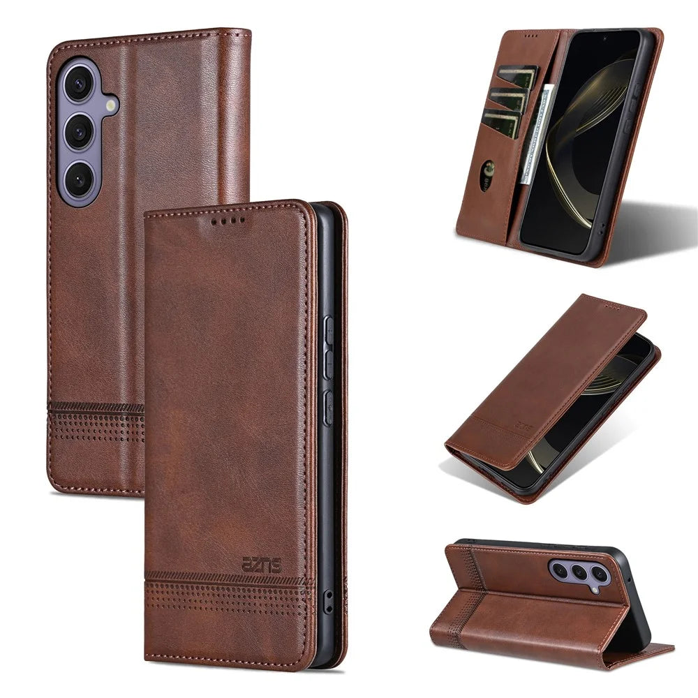 AZNS For Samsung Galaxy S26 FE Case Cowhide Texture PU Leather Wallet Phone Cover - Coffee - 7