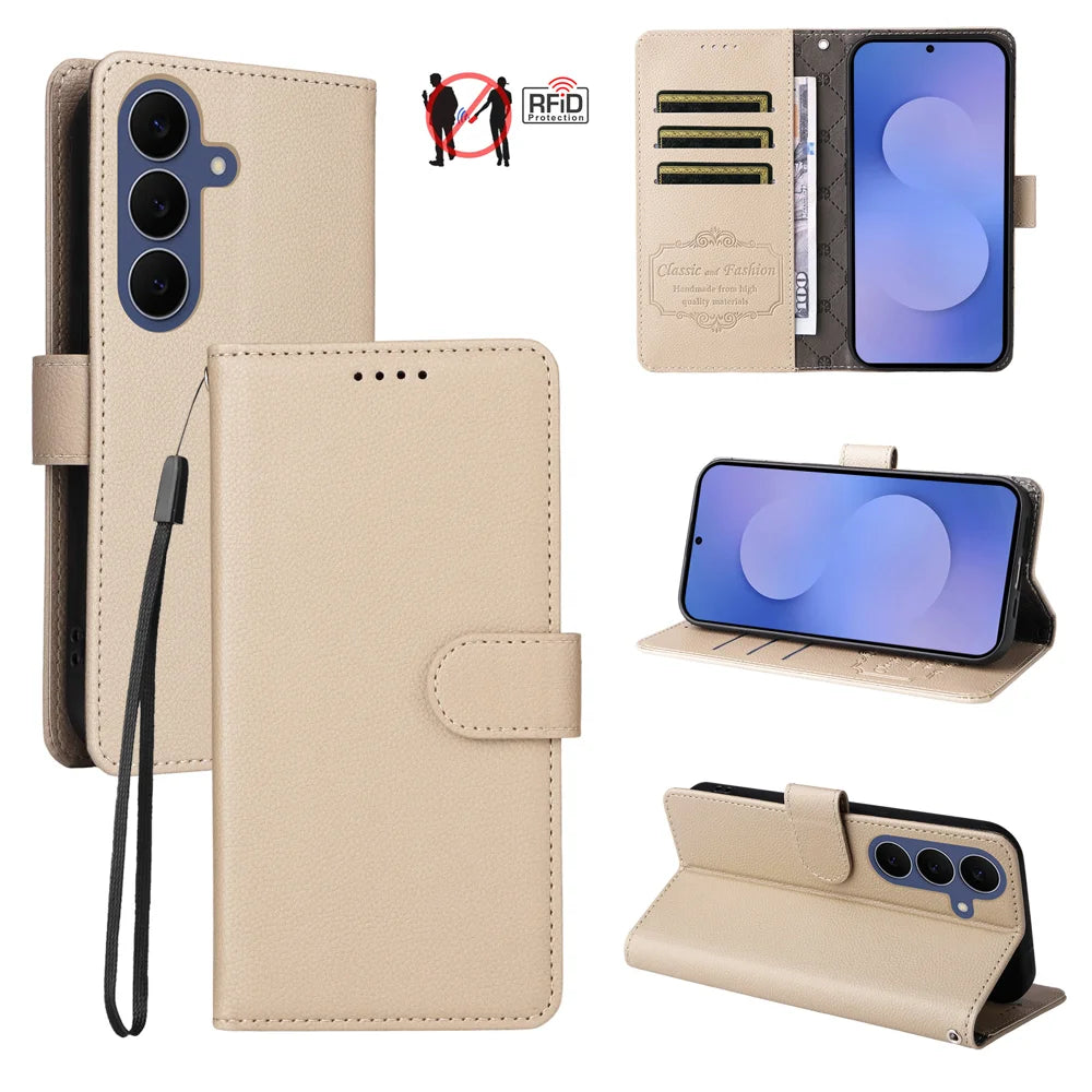 For Samsung Galaxy S26 FE Case RFID Blocking 3 Card Slots PU Leather Phone Cover with Wrist Strap - Creamy White - 3