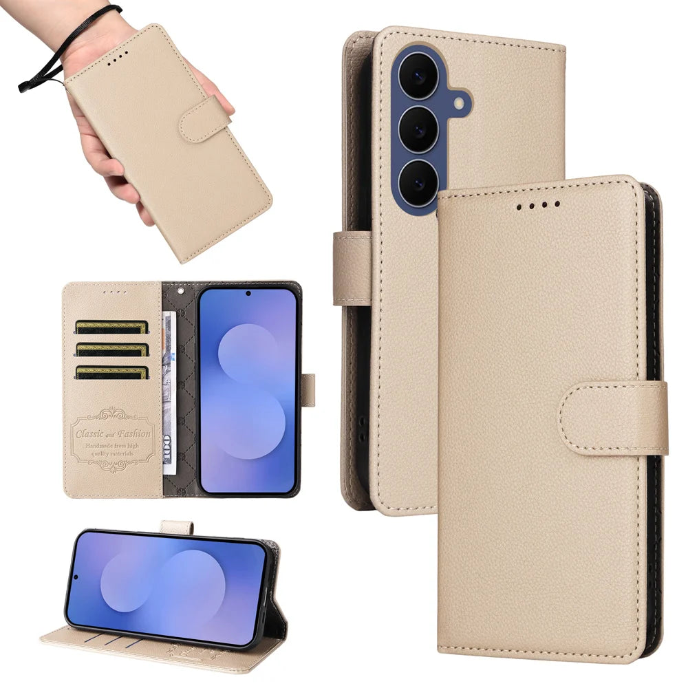 For Samsung Galaxy S26 FE Case RFID Blocking 3 Card Slots PU Leather Phone Cover with Wrist Strap - Creamy White - 4