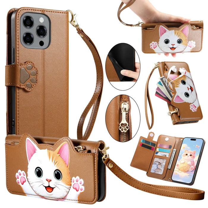 For Doogee Note 58 Case Cute Cat Pattern PU Leather Wallet Phone Cover with Wrist Strap - Brown - 1