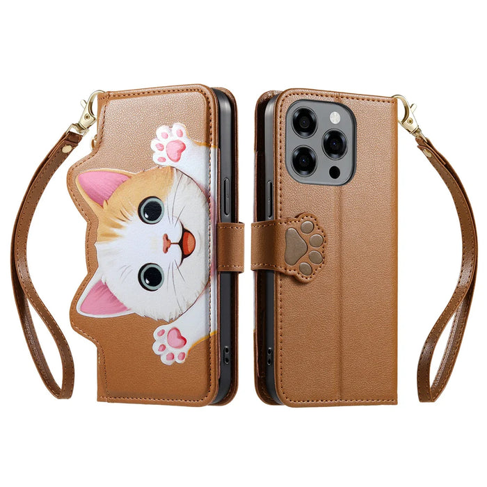 For Doogee Note 58 Case Cute Cat Pattern PU Leather Wallet Phone Cover with Wrist Strap - Brown - 2