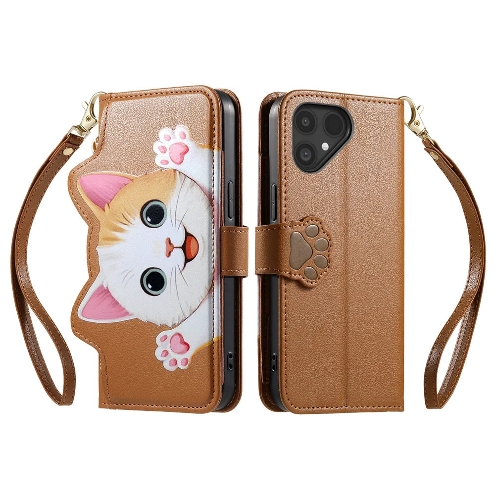 For Fairphone 5 Case Cute Cat Pattern PU Leather Wallet Phone Cover with Wrist Strap - Brown - 2